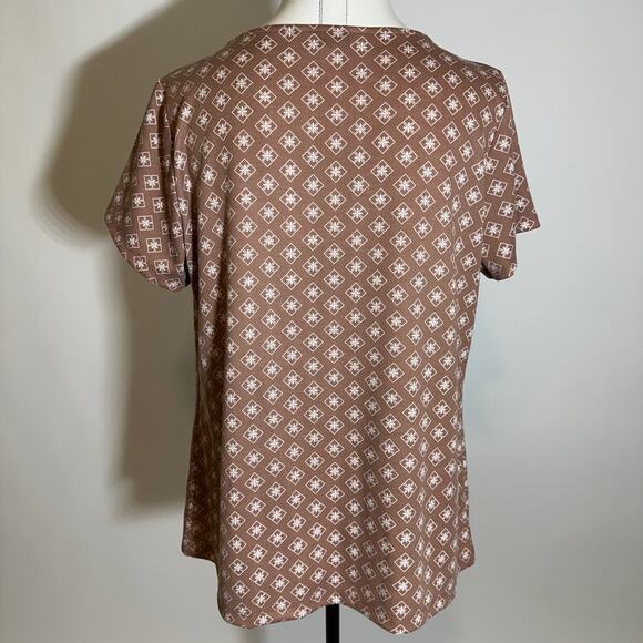 Liz Claiborne Brown Geometric Ponte Knit Kick Pleated Crew Neck Top Womens Large - Picture 5 of 8